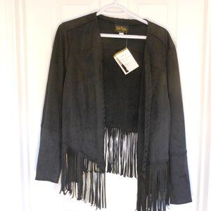 Bob Mackie Wearable Art Black Faux Suede Jacket with Fringe 1X
